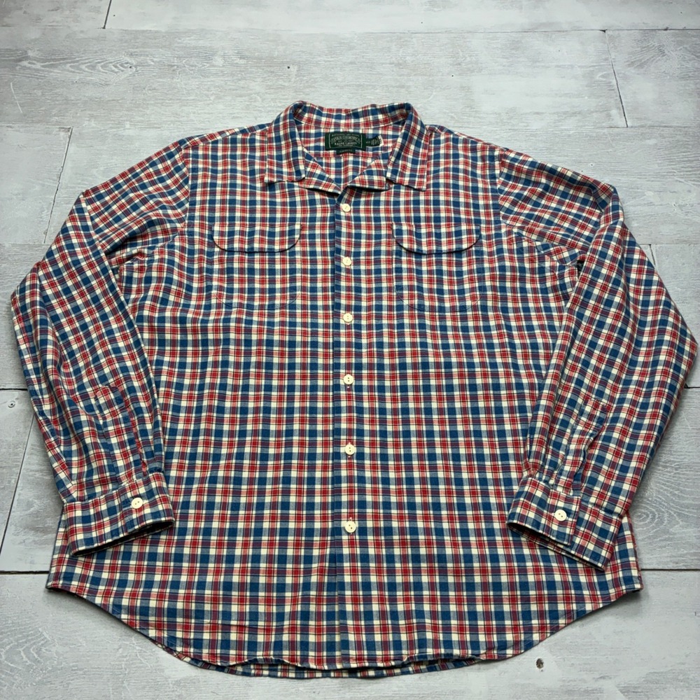 Polo Country Ralph Lauren Indigo Plaid Camp Shirt Mens XL Blue Red Cotton L/S